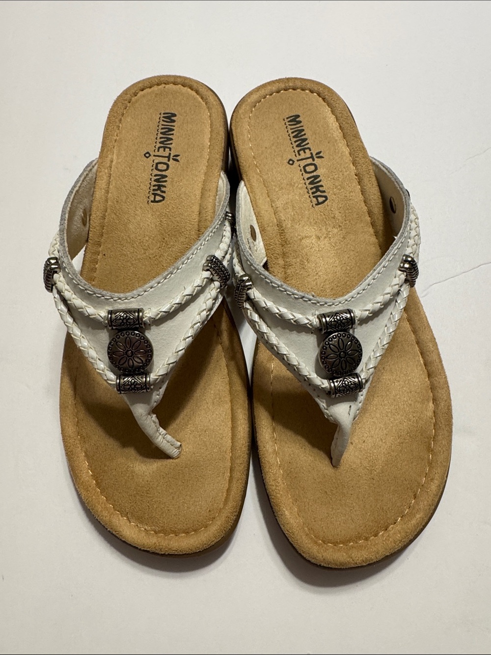 Minnetonka White Beaded T-Strap Thong Sandals